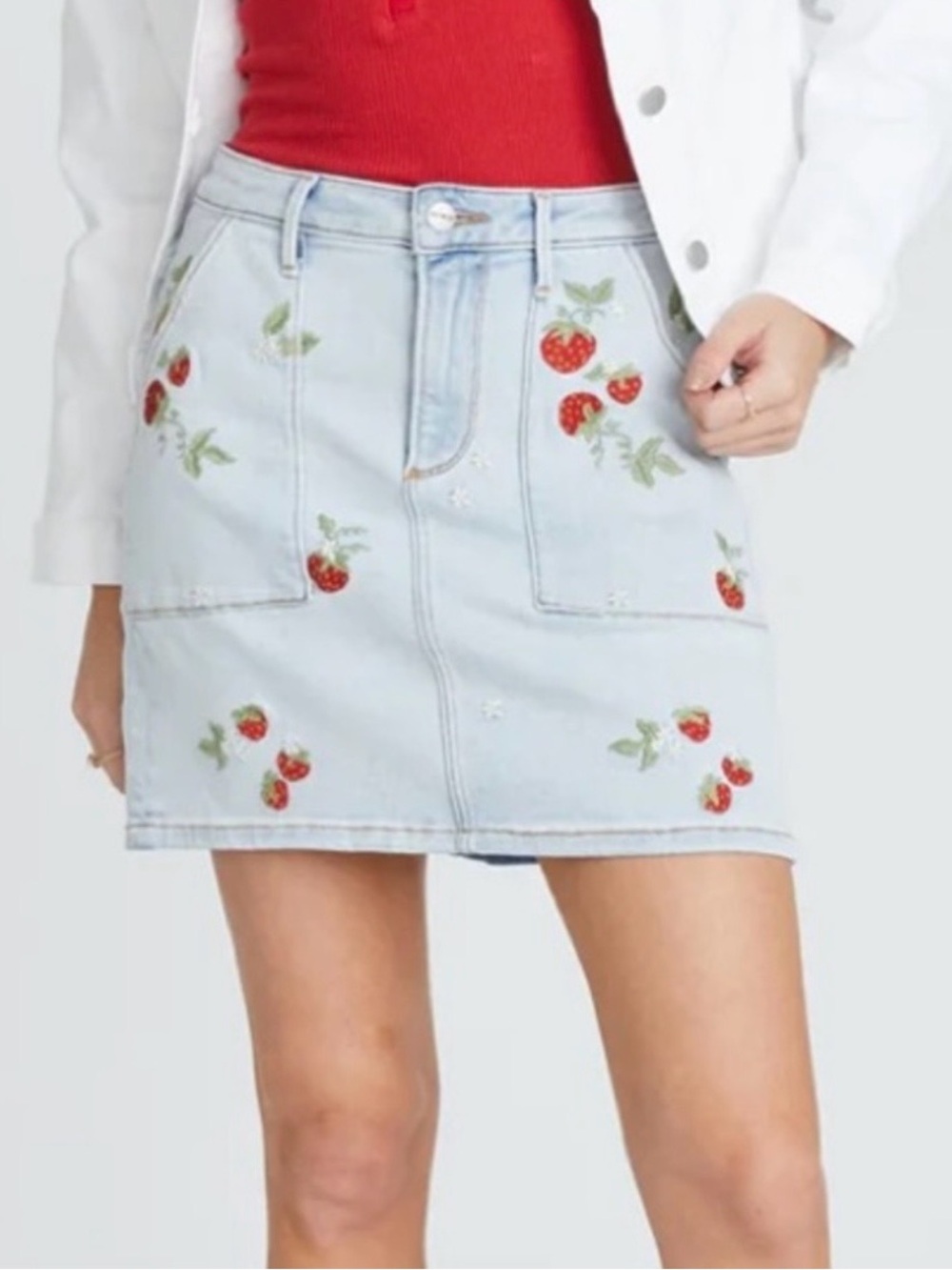 DRIFTWOOD Embroidered Strawberry Light Blue Denim Skirt